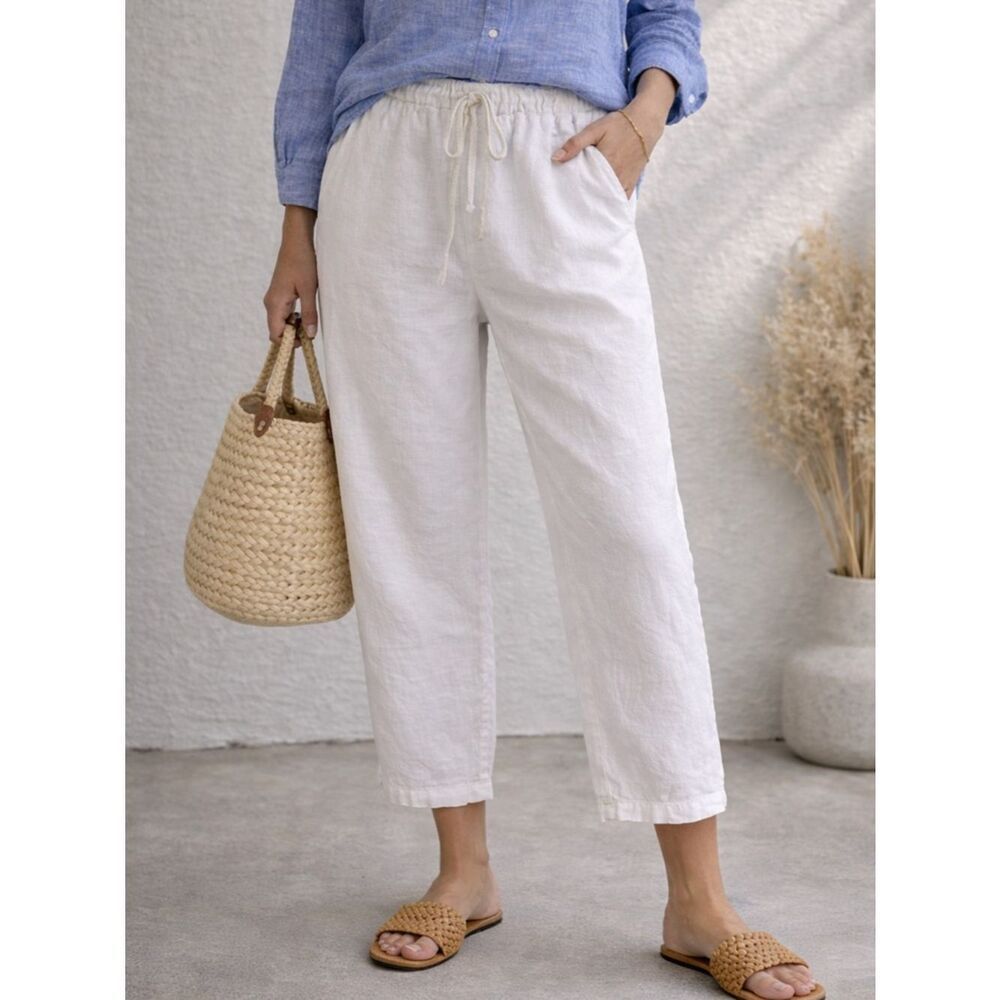 Grand Greece White Linen Drawstring Pants Tapered Leg Pull On Pockets Size L
